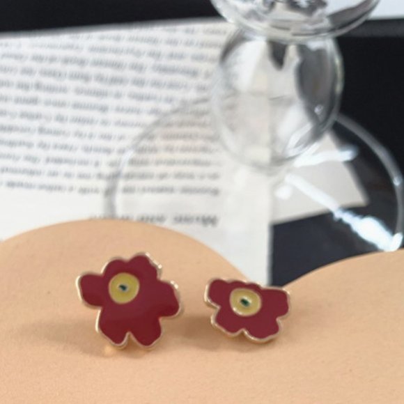 Enamel Red Flower Stud Earrings - Picture 2 of 3